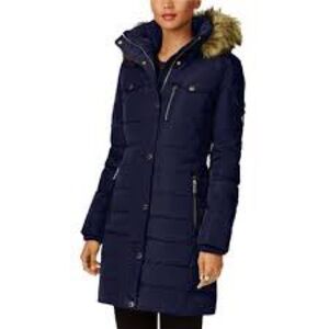 Michael Kors Faux Fur Trim Removable Hood Down Puffer Coat In Black